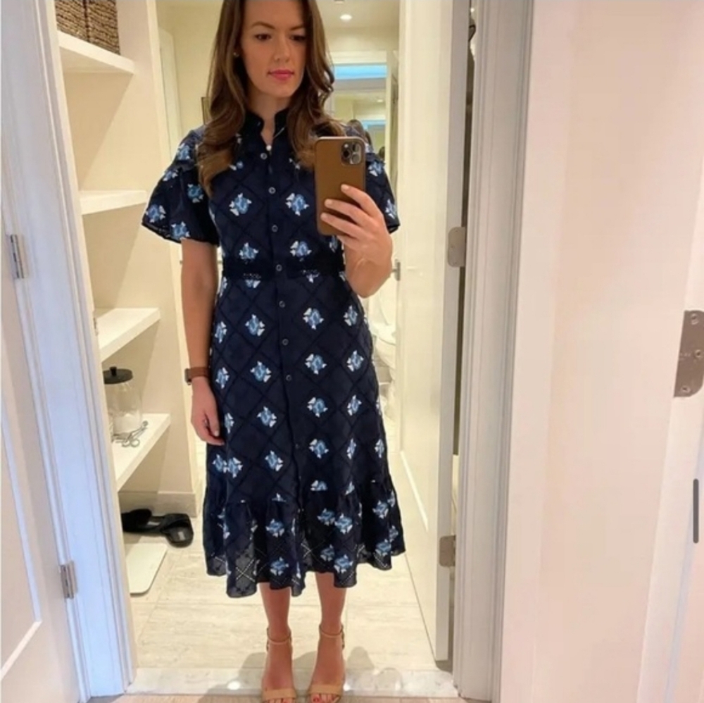 Shoshanna Navy Blue Floral Midi Dress